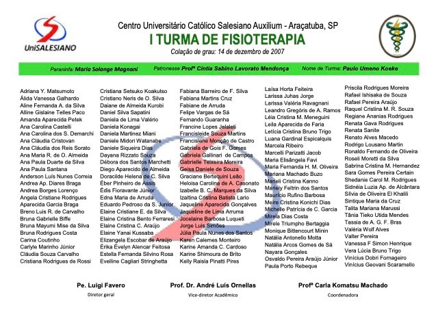 Placa de formatura da I Turma de Fisioterapia, 2007